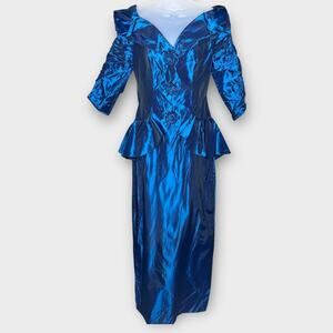 VINTAGE 1980s metallic dark blue offf shoulder peplum 3/4 sleeve dress size 8
